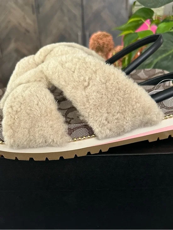 Coach Cream Shearling Cross-Strap Sandals with Brown Logo Footbed - Picture 3 of 6